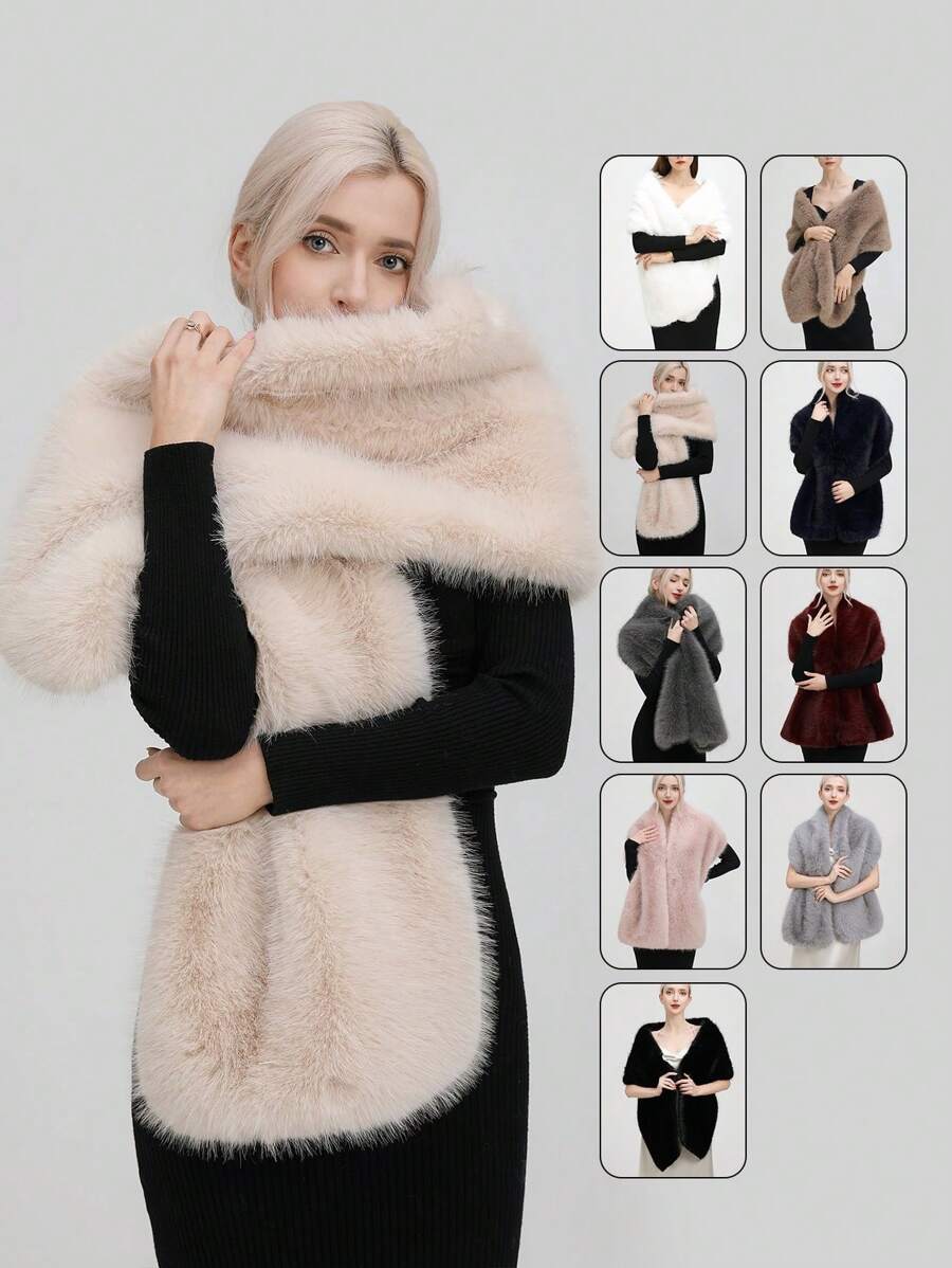 派對1入組女士穩健時尚蓬鬆披肩，適用於秋冬季的新娘、晚宴和日常使用 - 杏色 - 查看 1