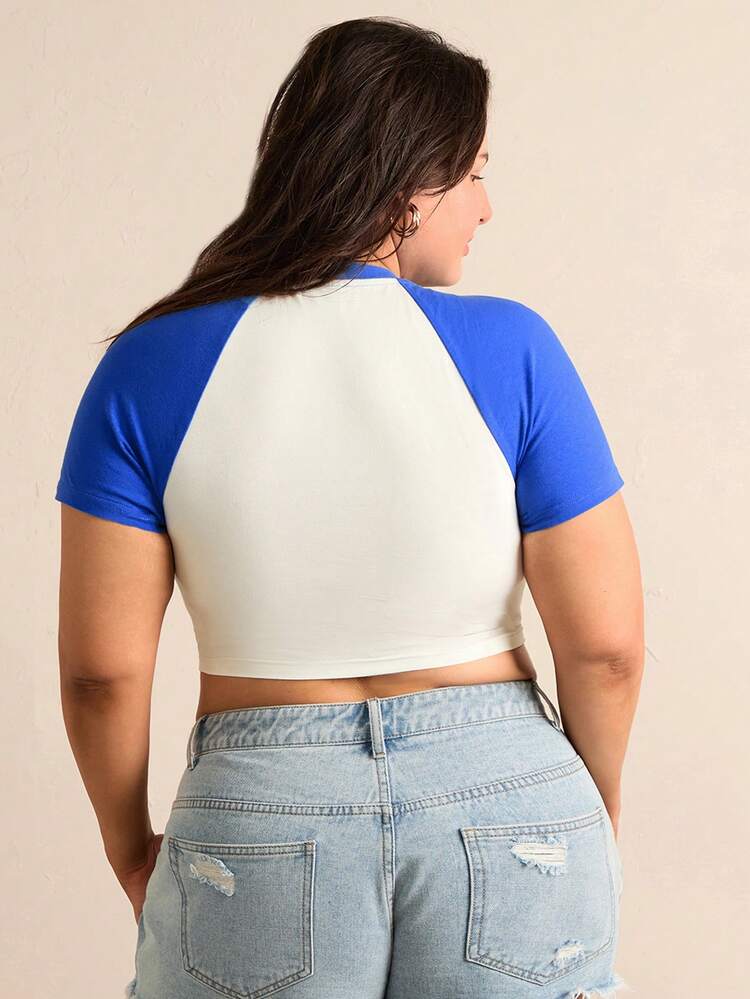 Plus Size Short Sleeve T-Shirt With Tropical And Letter Printing And Contrast Shoulder