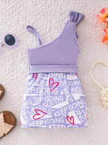 SHEIN 2pcs/Set Young Girl Casual Asymmetric Collar Bowknot Detail Ribbed Knit Top And Letter Heart Printed Belted Skirt Summer Outfits