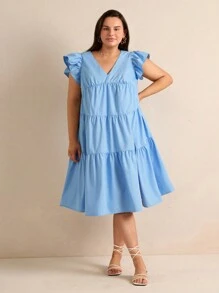 Forever 21 Plus Size Women Solid Color V-Neck Cap Sleeve Split Hem Dress - Baby Blue - View 4