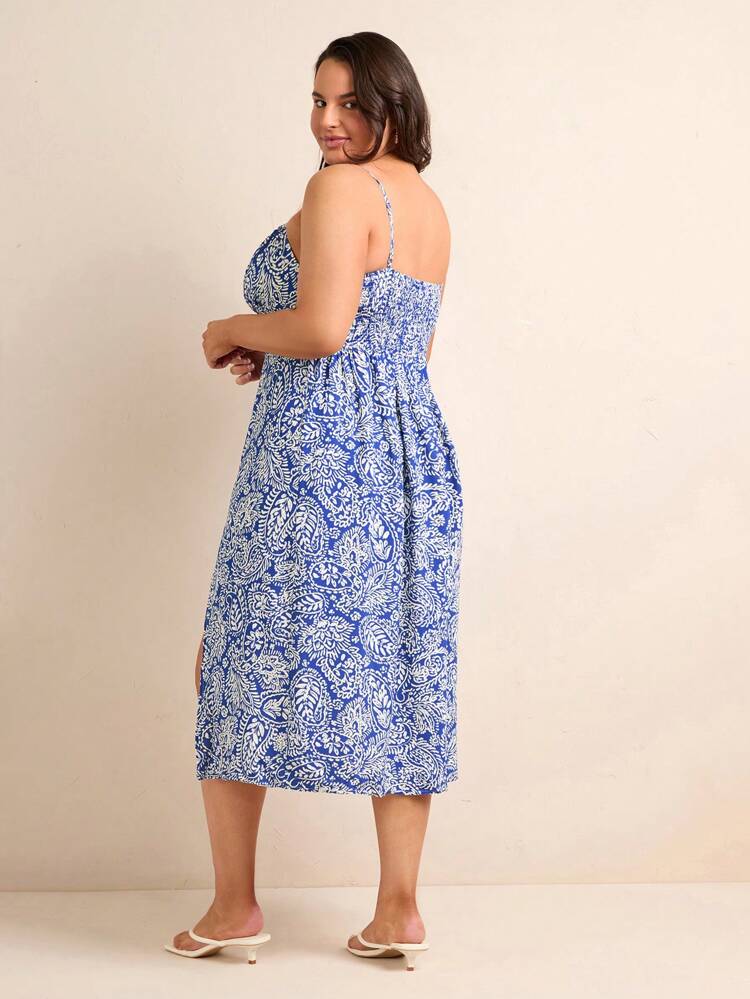 Plus Size Plant Printed High Side Slit Strappy Dress