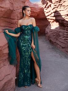 LOVE&LEMONADE Off Shoulder Sequin & Mesh Contrast Mermaid Formal Dress - Green - View 6