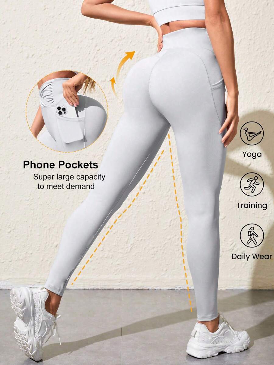 SHEIN Daily&Casual Women's Yoga Leggings With Pockets, High Waist Ruched Butt Lift Pants - Grey - View 1