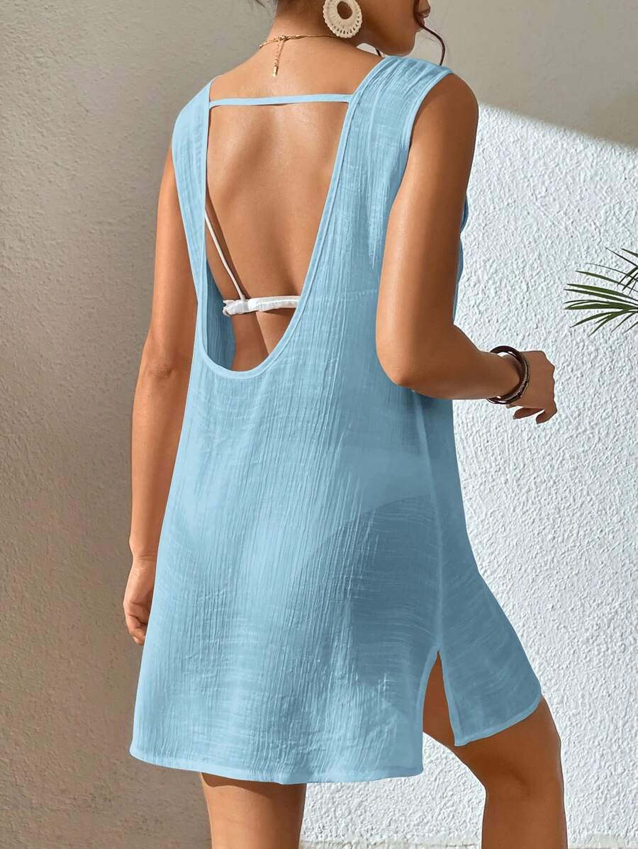 SHEIN Swim Women's Sleeveless Dress With Open Back Design,Summer Beach - Baby Blue - View 1