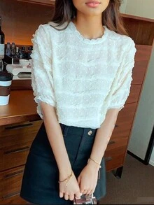 Solid Textured Round Neck Short Sleeve T-Shirt - Apricot - View 1