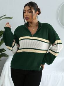 Calvaya Plus Colorblock Half Zip Drop Shoulder Sweater, Winter Knit Pullover Fall Autumn - Dark Green - View 1