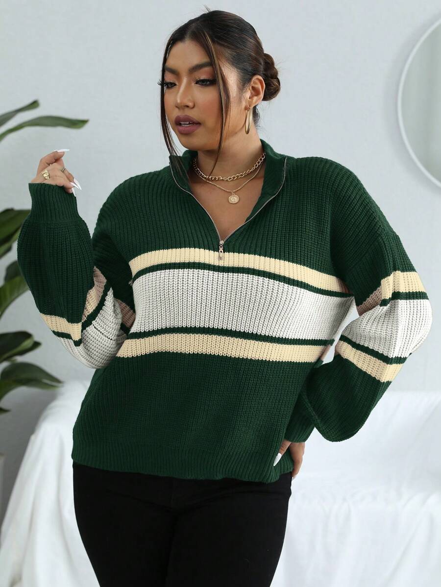 Calvaya Plus Colorblock Half Zip Drop Shoulder Sweater, Winter Knit Pullover Fall Autumn - Dark Green - View 1
