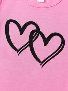 SHEIN Genkimix Kids Young Girl Heart Print Short Sleeve T-Shirt And Dolphin Shorts 2pcs/Set - Hot Pink - View 5