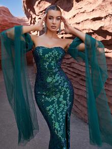 LOVE&LEMONADE Off Shoulder Sequin & Mesh Contrast Mermaid Formal Dress - Green - View 8