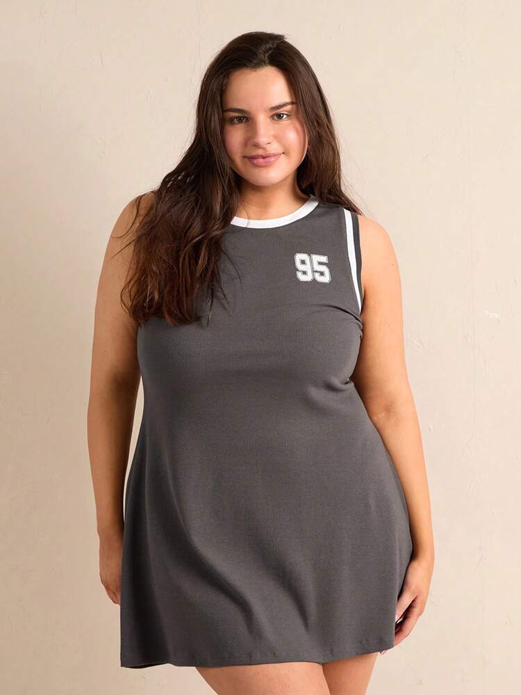 Plus Size Women's Sleeveless Digital Print Round Neck Tank Dress