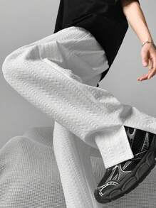 男士时尚休闲宽松纹理侧开衩直筒裤 - 白色 - 查看 3