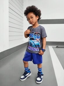 SHEIN Young BoyCasual 卡通汽车字母印花短袖 T 恤和短裤套装，非常适合度假、度假、旅行、放松、日光浴、夏季 - 彩色 - 查看 6