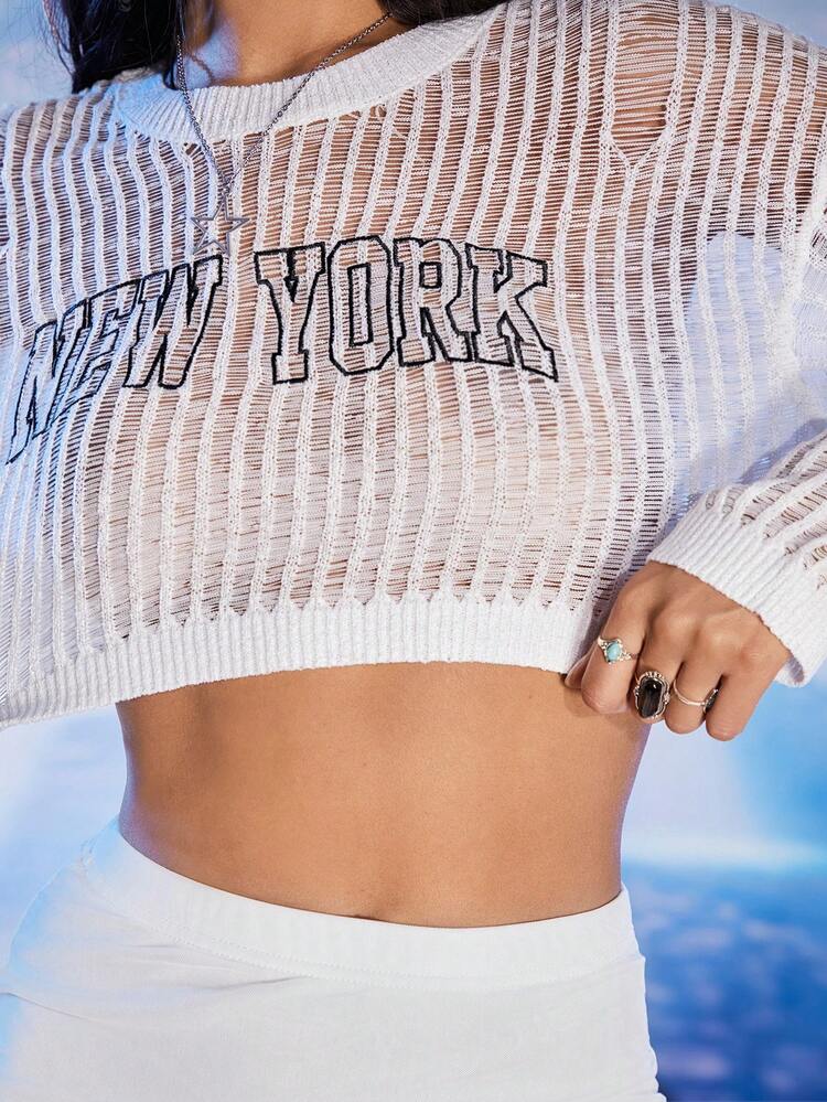 Casual Hollow Out Short Women's Sweater With Letter Embroidery
