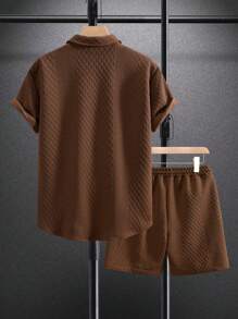Manfinity Homme Men's Vacation Casual Style Jacquard Knit Short-Sleeve Shirt And Shorts Set, For Hawaiian Beach Vacations, Music Festivals, And Everyday Wear. Great Gift For Boyfriends Or Husbands, Cozy Outfits - Coffee Brown - View 2