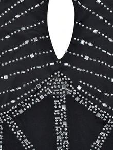 Women's Fluffy Hem Rhinestone Embellished Backless Halter Neck Dress - Black - View 4