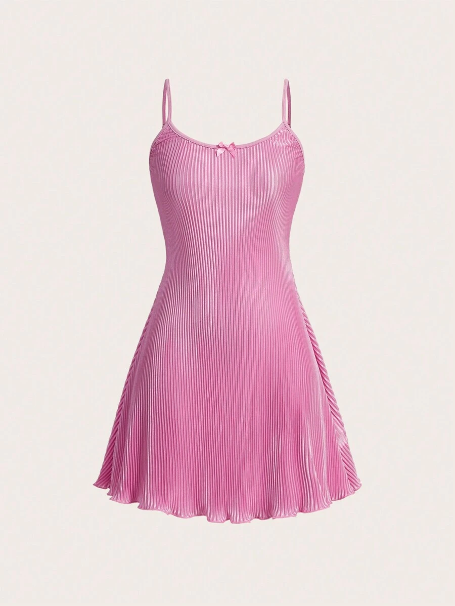 SHEIN MOD Màu hồng Xếp li A-line Váy Dây Với Bowknot Và Ngực Đồ trang trí - Hồng - Xem 1