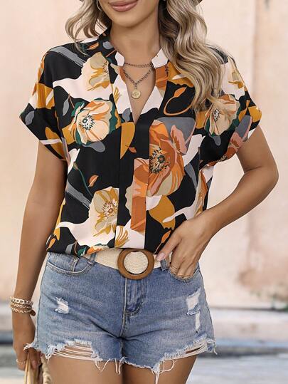 EMERY ROSE Floral Print Batwing Sleeve Blouse,Short Sleeve Tops