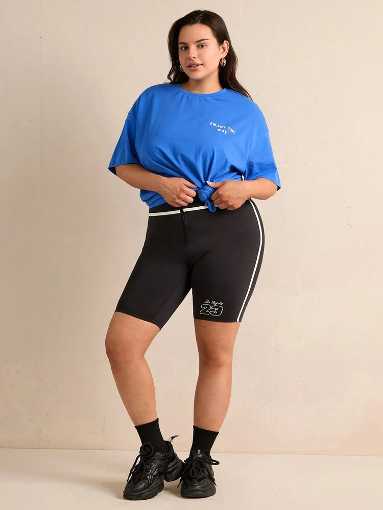Plus Size Loose Fit Drop Shoulder T-Shirt With Letter Print