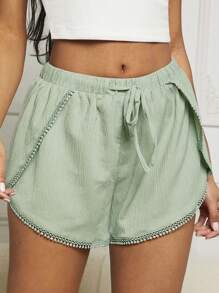 SHEIN EZwear Summer Casual Resort Wrinkled Fabric Light Green Fringed Shorts - Green - View 4