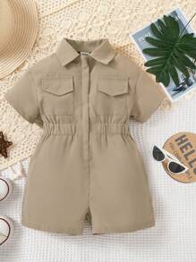 Fashionable Solid Color Cargo Jumpsuit With Gathered Waist For Baby Boys - Light Grey - View 1