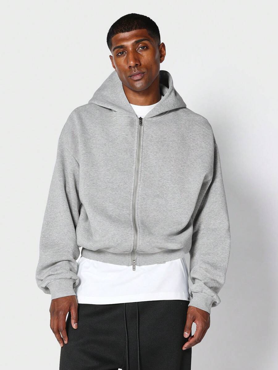 SUMWON Crop Fit Zip Through Essential Hoodie - Light Grey - View 1