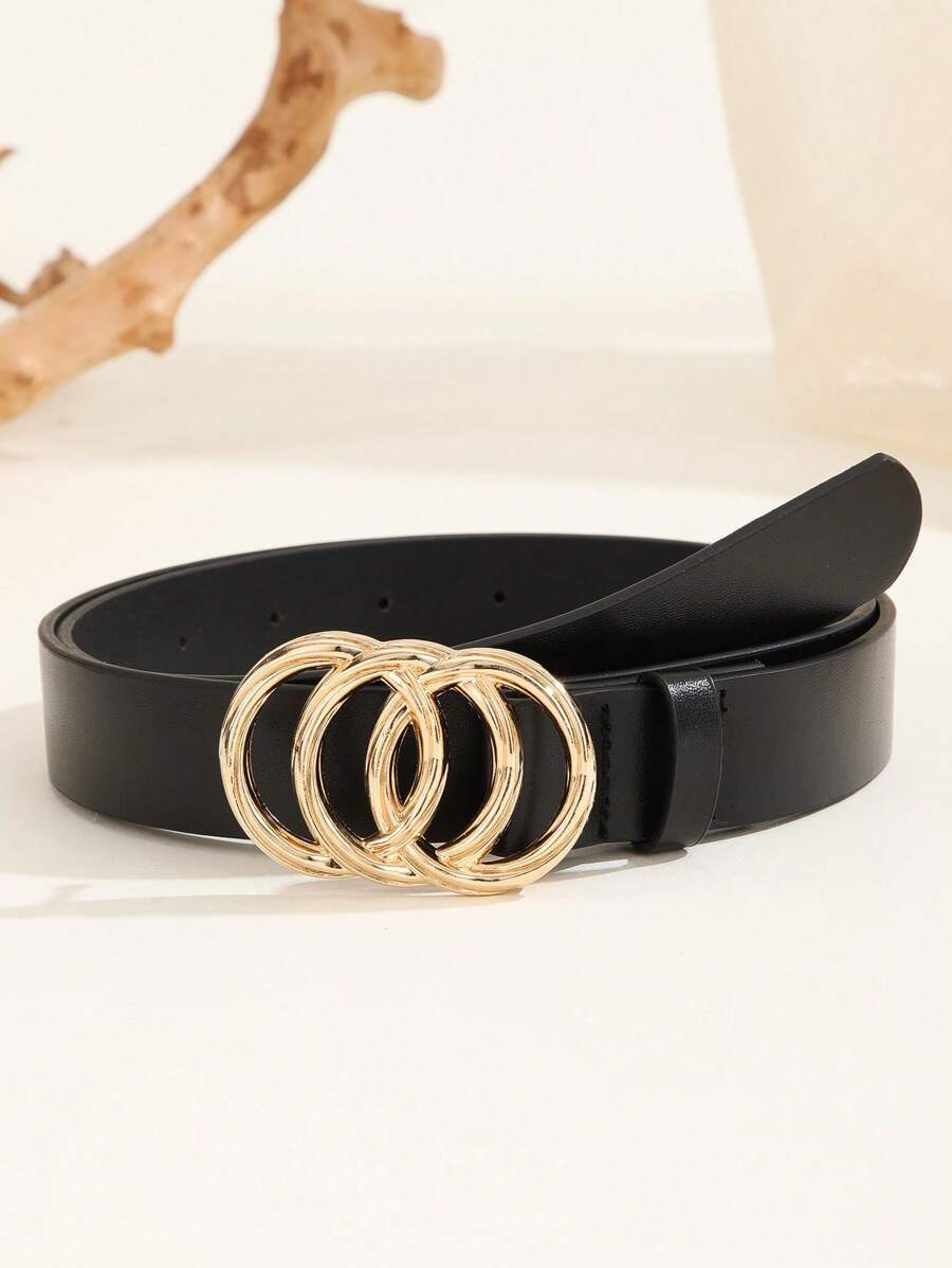 1 chiếc thắt lưng thời trang khóa tròn ba vòng thường ngày, thích hợp cho nhiều buổi tụ họp, tiệc tùng, bối cảnh thường ngày, thiết kế mới cho mùa hè - màu đen - Xem 1