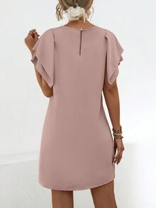 New Simple Solid Color Round Neck Ruffle Hem Casual Dress, Spring/Summer, Valentine Day - Pink - View 3