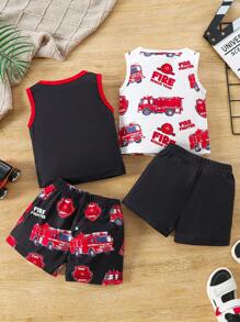 SHEIN 2pcs/Set Baby Boys' Popular Car Pattern Tank Top And Shorts Summer Sports Outfits