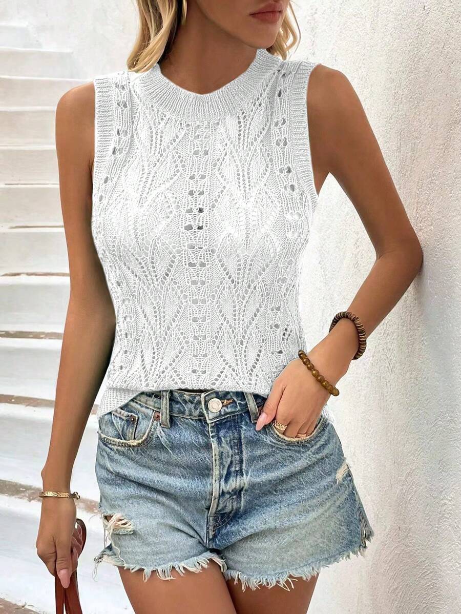 Breezaya 夏威夷风格白色上衣、度假吊带衫、纯色镂空背心 - 白色 - 查看 1