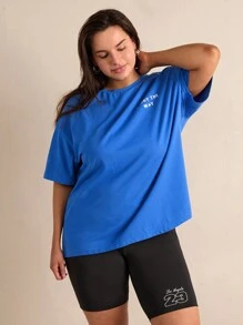 Forever 21 Plus Size Loose Fit Drop Shoulder T-Shirt With Letter Print - Royal Blue - View 4