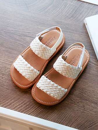 1 Pair Solid Color Simple Braided Hook And Loop Designed Flat Sandals For Kids Suitable For Summer