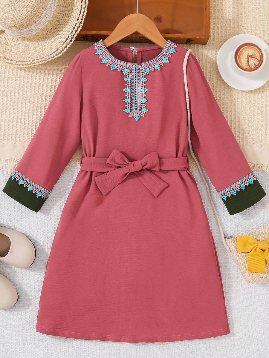 SHEIN 年轻女孩碎花长袖连衣裙 - 粉色 - 查看 1