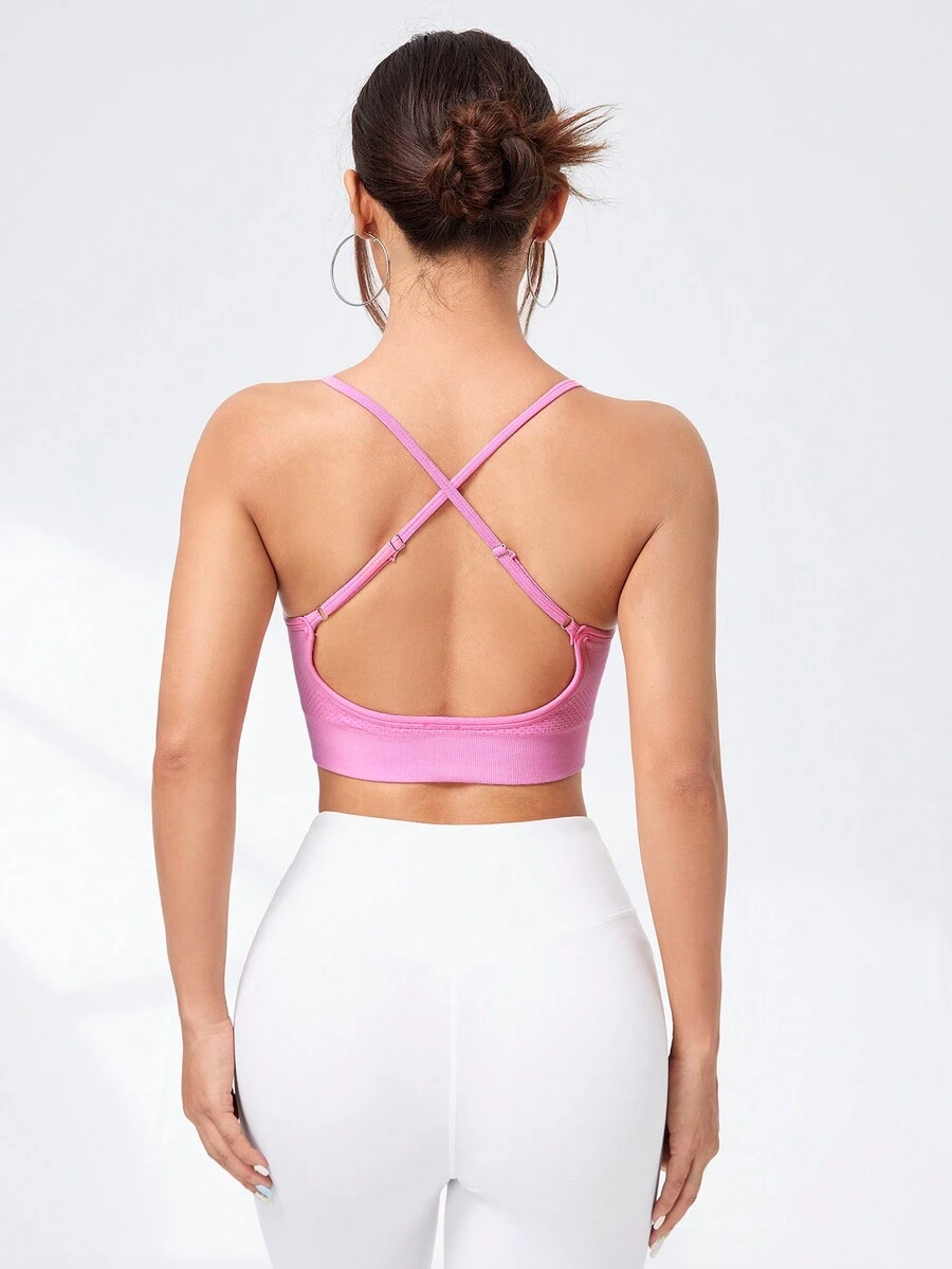 Gameset SHEIN Sport 女性十字背中空無縫運動內衣 - 粉色 - 查看 1