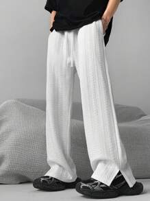 男士时尚休闲宽松纹理侧开衩直筒裤 - 白色 - 查看 5