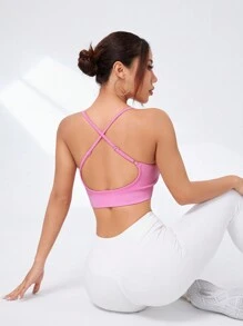 Gameset SHEIN Sport 女性十字背中空無縫運動內衣 - 粉色 - 查看 6