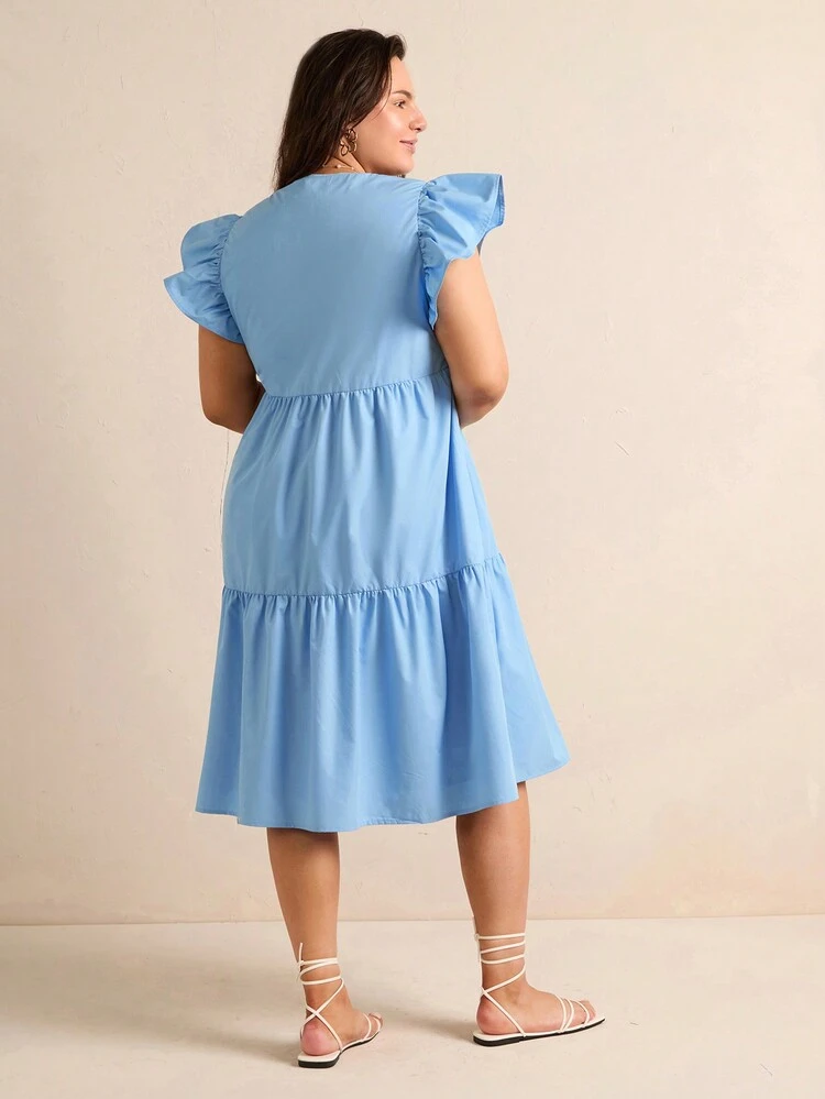 Plus Size Women Solid Color V-Neck Cap Sleeve Split Hem Dress