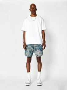 SUMWON 时尚花卉印花运动沙滩短裤抽绳休闲夏季休闲装，非常适合圣帕特里克节庆祝活动，带有复古海绿色植物图案 - 綠色 - 查看 3