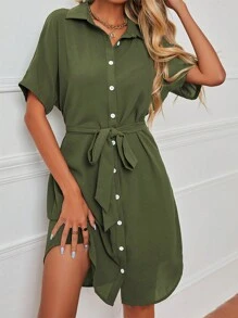 EMERY ROSE Solid Color Short Sleeve Belted Dress - Army Green - View 3