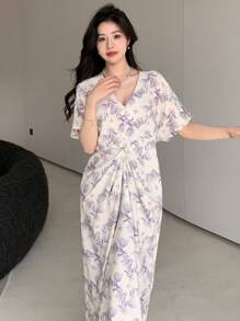 DAZY Váy suông tay bồng cổ chữ V họa tiết hoa xếp ly cho nữ - Nhiều màu - Xem 3