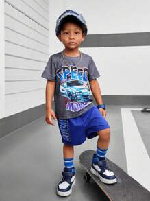 SHEIN Young BoyCasual 卡通汽车字母印花短袖 T 恤和短裤套装，非常适合度假、度假、旅行、放松、日光浴、夏季 - 彩色 - 查看 4