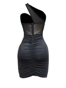 Fashionable Women's Rhinestone Embellished Asymmetrical Collar Sleeveless Dress With 2pcs Set - Black - View 4