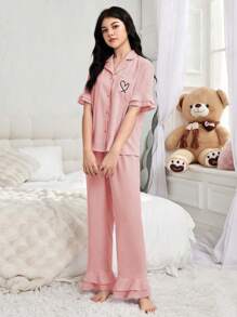 Teen Girl New Simple And Fashionable Heart Print Ruffled Short Sleeve Top And Long Pants Two Pieces Homewear Set - Dusty Pink - View 4