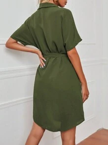 EMERY ROSE Solid Color Short Sleeve Belted Dress - Army Green - View 2
