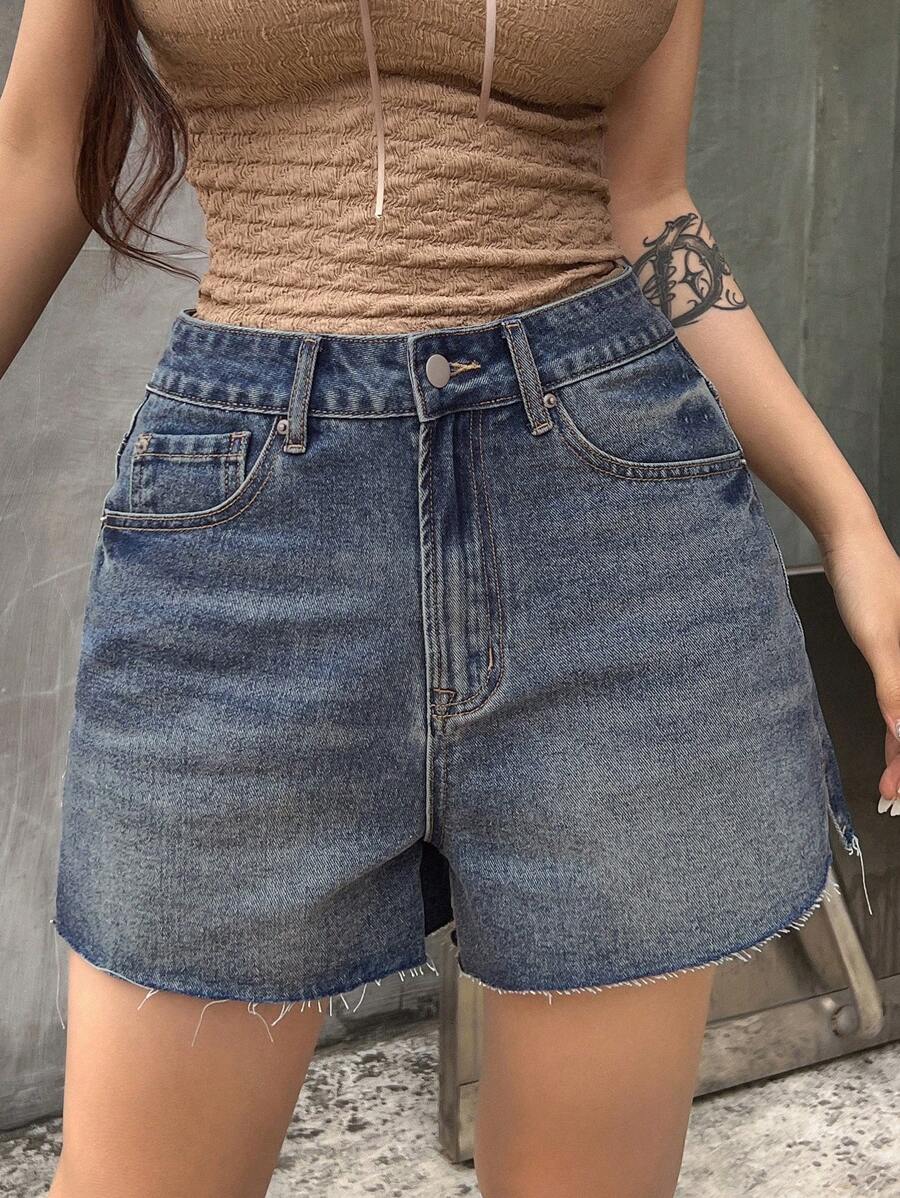 DAZY 女式带口袋毛边牛仔短裤 秋冬牛仔短裤 - 藍色 - 查看 1