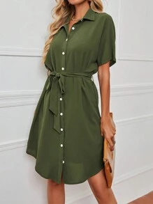 EMERY ROSE Solid Color Short Sleeve Belted Dress - Army Green - View 5