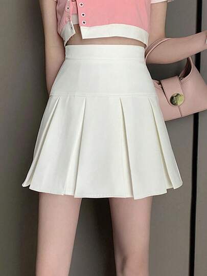 Solid Color Casual Versatile Women Pleated Skirt
