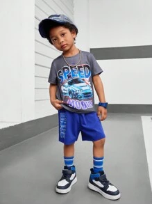 SHEIN Young BoyCasual 卡通汽车字母印花短袖 T 恤和短裤套装，非常适合度假、度假、旅行、放松、日光浴、夏季 - 彩色 - 查看 1