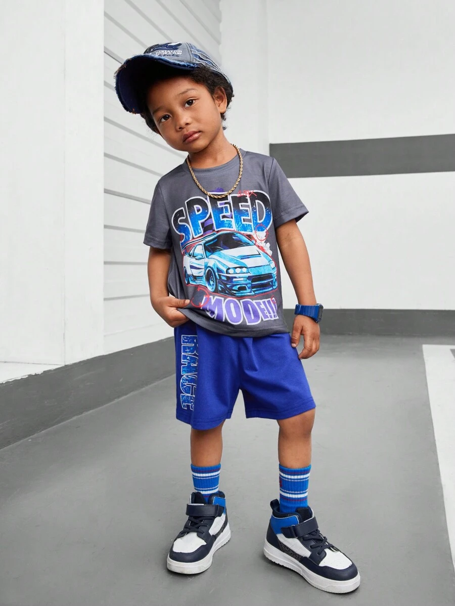 SHEIN Young BoyCasual 卡通汽车字母印花短袖 T 恤和短裤套装，非常适合度假、度假、旅行、放松、日光浴、夏季 - 彩色 - 查看 1