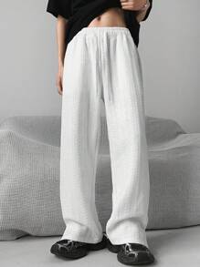 男士时尚休闲宽松纹理侧开衩直筒裤 - 白色 - 查看 4