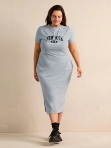 Forever 21 Plus Size Slim Fit Alphabet Printed Slit Side Dress - Light Grey - View 4